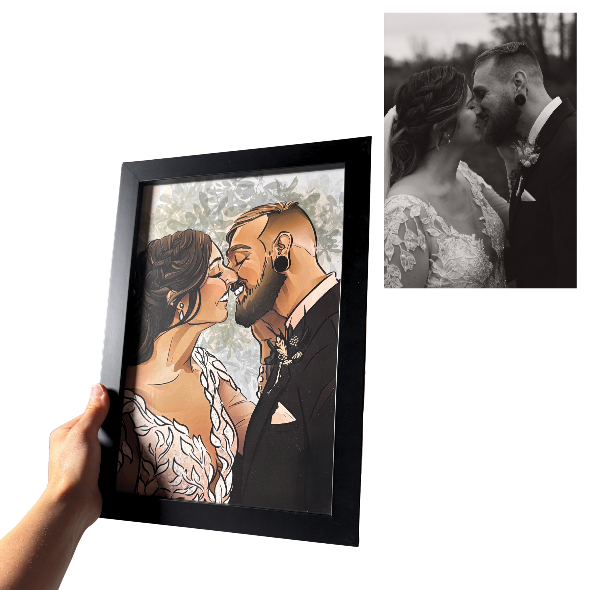Framed artwork of a couple kissing, next to a black and white photo of the same couple.